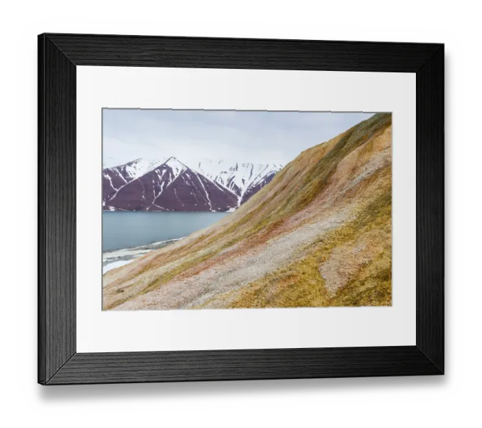 Framed Print : Discoloured rock, sinter, mountain range