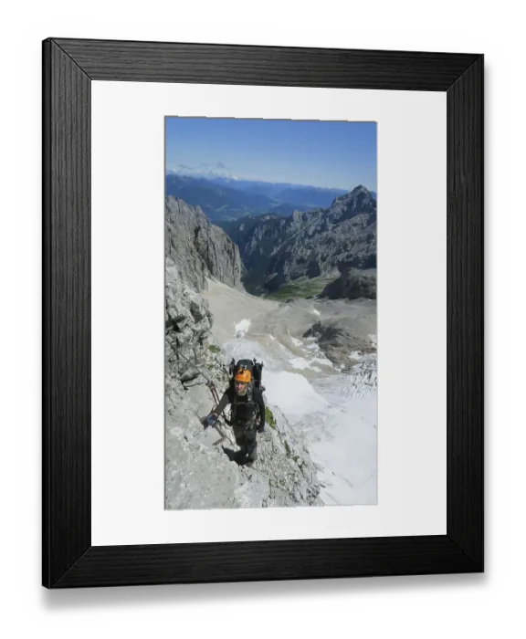Framed Print : Passage via ferrata with a large exposure and an amazing view of the mountain range and the glacier Framed Print : Passage via ferrata with a large exposure and an amazing view of the mountain range and the glacier