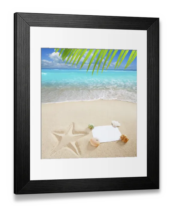 Framed Print : Blank paper on white sand beach with shells and starfish print like a summer vacation concept