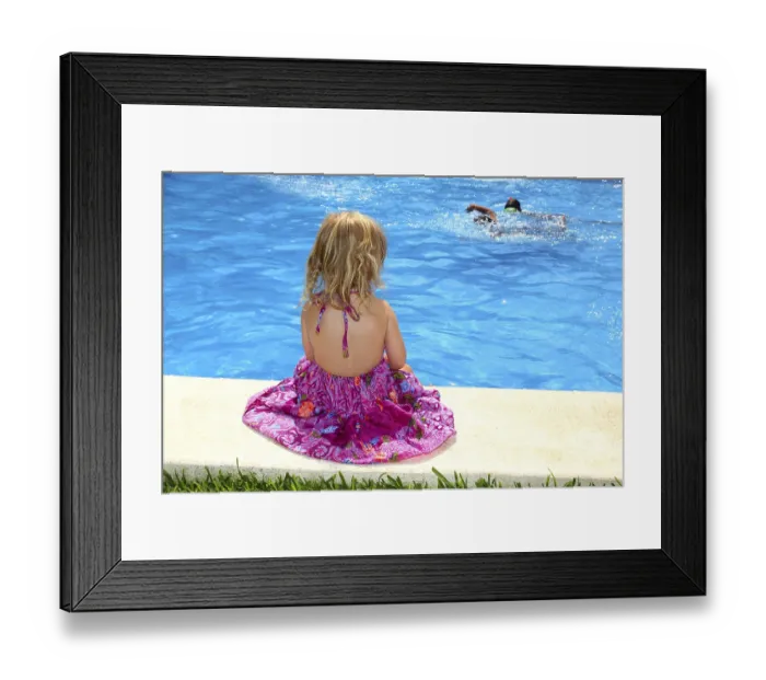 Framed Print : Little blond girl sitting rear back swimming pool outdoor Framed Print : Little blond girl sitting rear back swimming pool outdoor