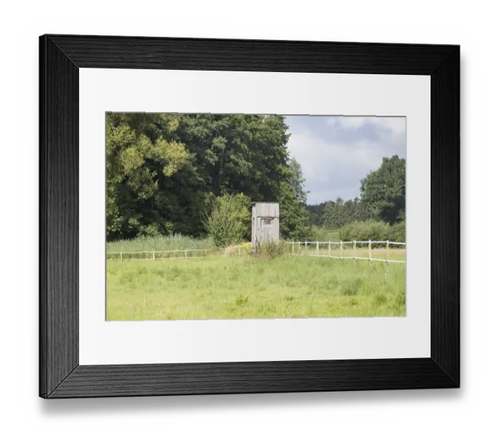 Framed Print : Weathered wooden hunting blind stands in a vibrant green field