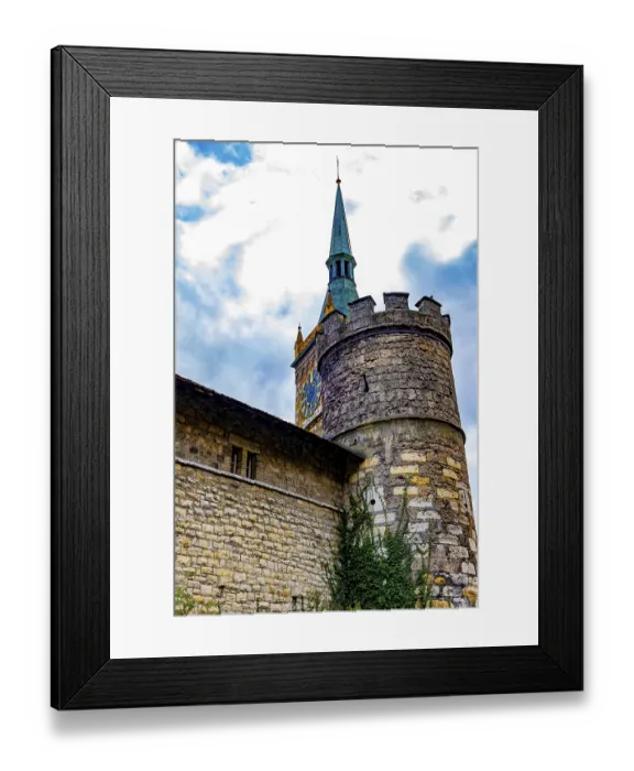 Framed Print : Clock Tower and Fortification Tower and Wall with Blue Sky and Clouds in a Sunny Autumn Day in City of Biel