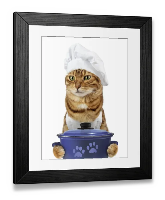 Framed Print : Funny cat - a cook with a pan in his paws on a white background