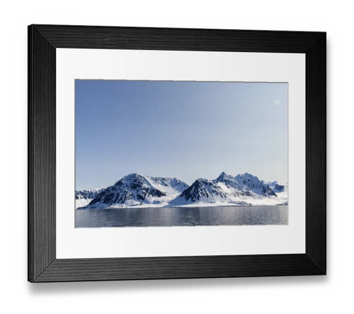 Framed Print : Mountain tops, snow, sea, Smeerenburg Framed Print : Mountain tops, snow, sea, Smeerenburg