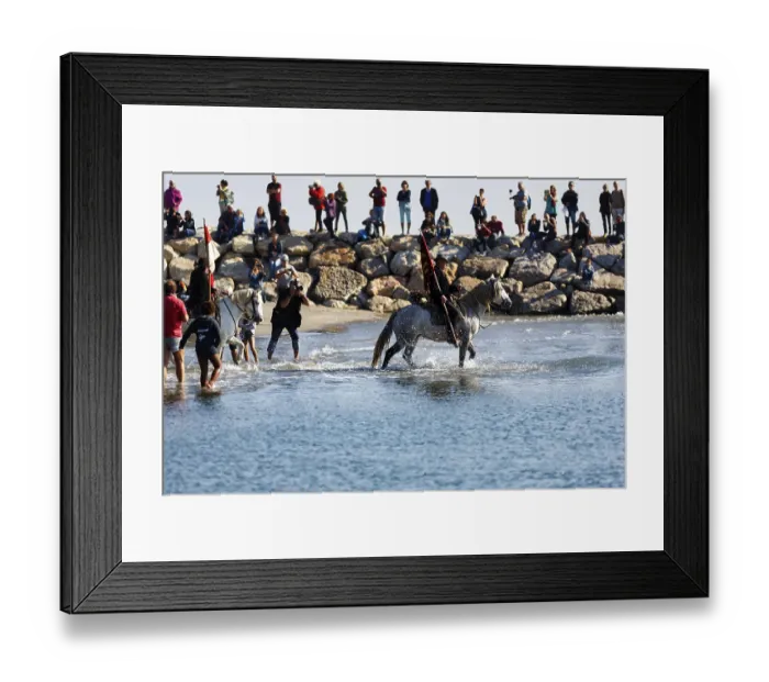 Framed Print : Guardians of the Camargue, traditional shepherds riding through water