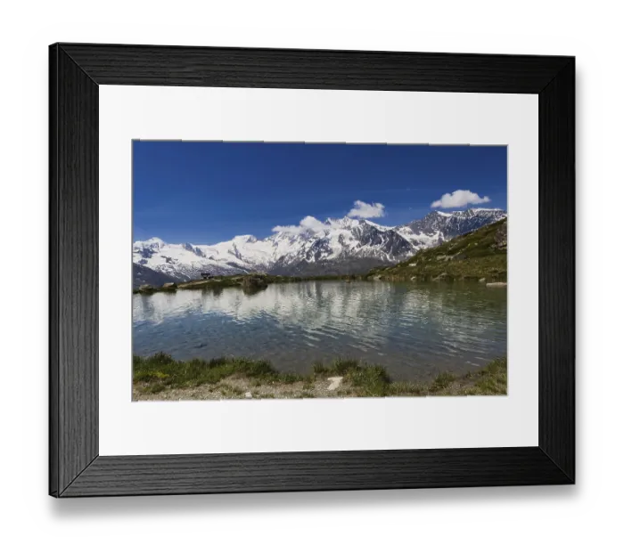 Framed Print : Reflection of the snow-white peaks in the clear mountain lake Framed Print : Reflection of the snow-white peaks in the clear mountain lake