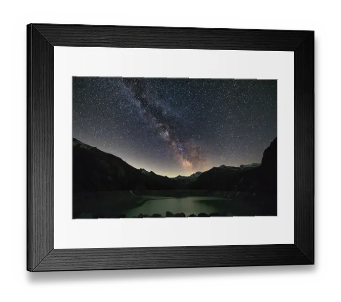 Framed Print : Night sky with Milky Way over mountains and a calm lake in the foreground