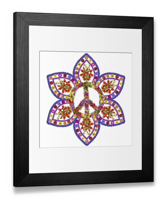 Framed Print : Peace floral and love mandala made from summer flowers