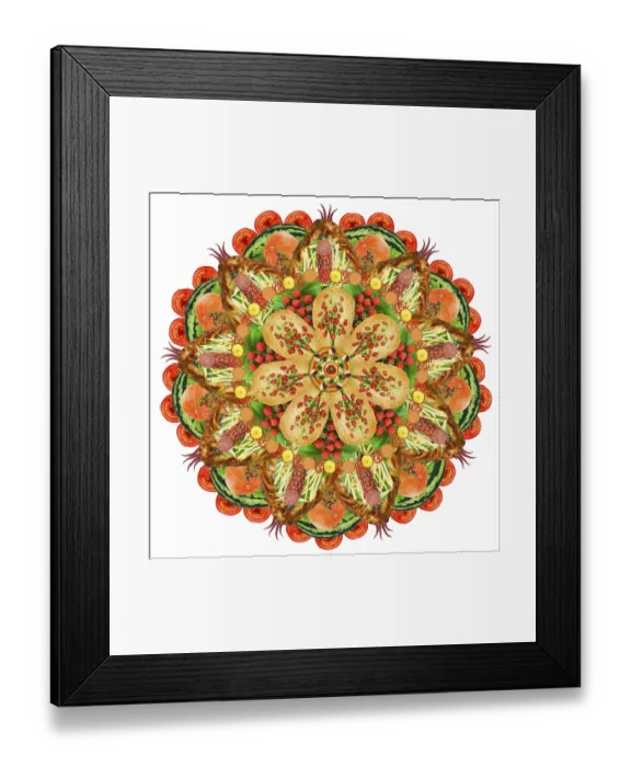Framed Print : Sacred mandala of fat men and gluttons made from foods ingredients - fruits Framed Print : Sacred mandala of fat men and gluttons made from foods ingredients - fruits