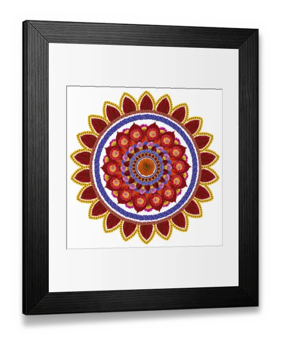 Framed Print : Red hot sun floral mandala symbol made from flowers and leaves