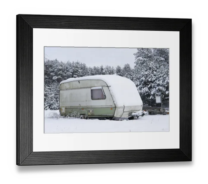 Framed Print : Broken tourist car trailer covered with snow in the winter forest landscape Framed Print : Broken tourist car trailer covered with snow in the winter forest landscape