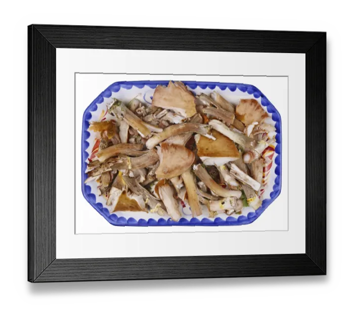 Framed Print : Waste and garbage of shitake real forest tree mushrooms on clay plate Framed Print : Waste and garbage of shitake real forest tree mushrooms on clay plate
