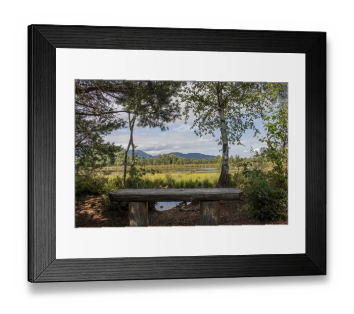 Framed Print : Wooden bench in the forest with a view of the moorland and mountains