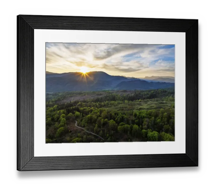 Framed Print : Sunset over Mountains and Coniston Water from drone