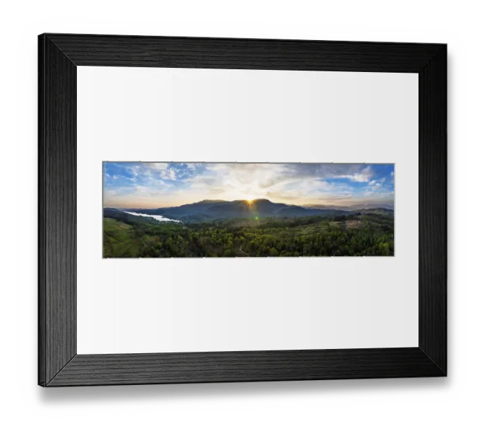 Framed Print : Panorama of Sunset over Mountains and Coniston Water from drone Framed Print : Panorama of Sunset over Mountains and Coniston Water from drone