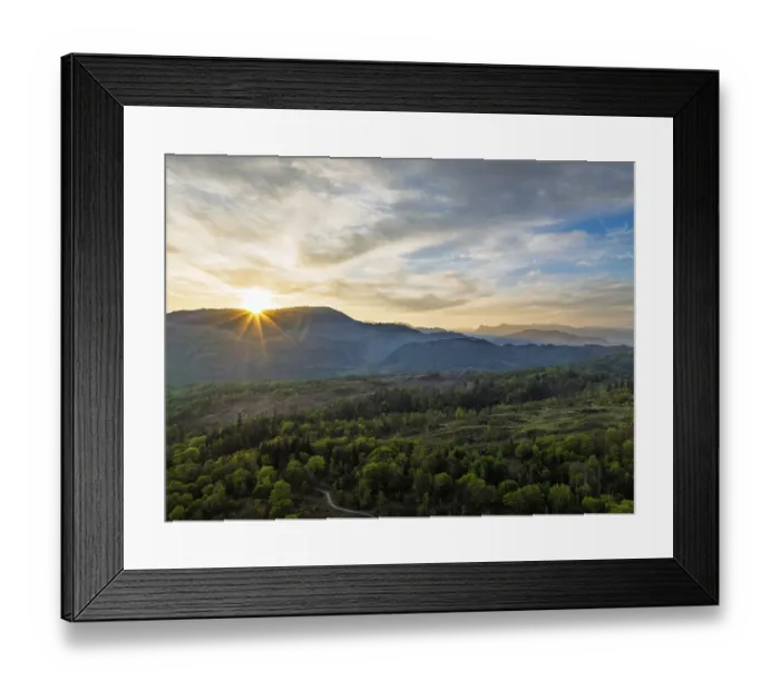 Framed Print : Sunset over Mountains and Coniston Water from drone
