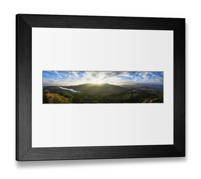 Framed Print : Panorama of Sunset over Mountains and Coniston Water from drone Framed Print : Panorama of Sunset over Mountains and Coniston Water from drone