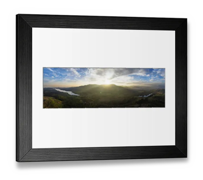 Framed Print : Panorama of Sunset over Mountains and Coniston Water from drone