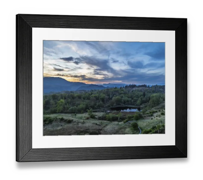Framed Print : Sunset over Mountains and Coniston Water from drone