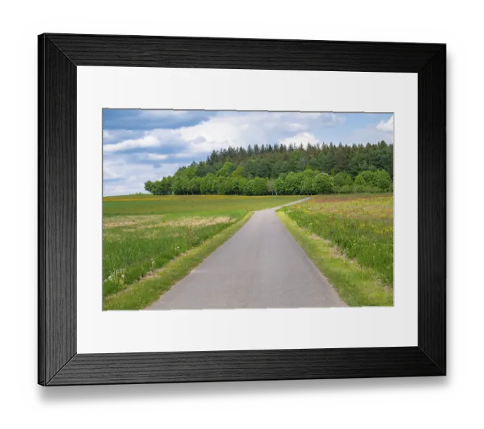 Framed Print : Road through meadow, field and forest in spring
