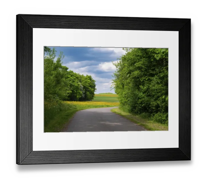 Framed Print : Road through meadow, field and forest in spring Framed Print : Road through meadow, field and forest in spring