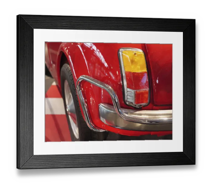 Framed Print : Rear view of a red classic car with shiny chrome bumper Framed Print : Rear view of a red classic car with shiny chrome bumper