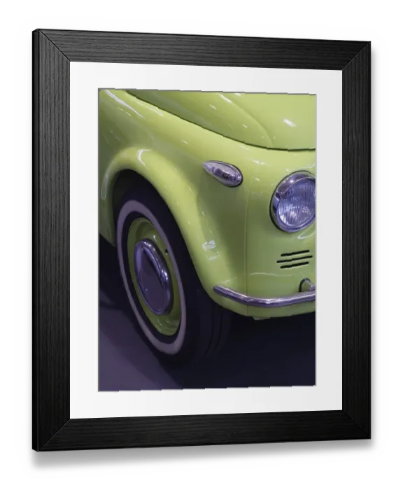 Framed Print : Frontal view of a light green classic car with shiny wheel Framed Print : Frontal view of a light green classic car with shiny wheel
