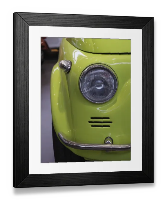 Framed Print : Detail of a light green vintage car with distinctive headlights Framed Print : Detail of a light green vintage car with distinctive headlights