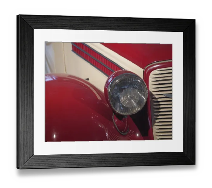 Framed Print : Headlights and bonnet of a red classic car Framed Print : Headlights and bonnet of a red classic car