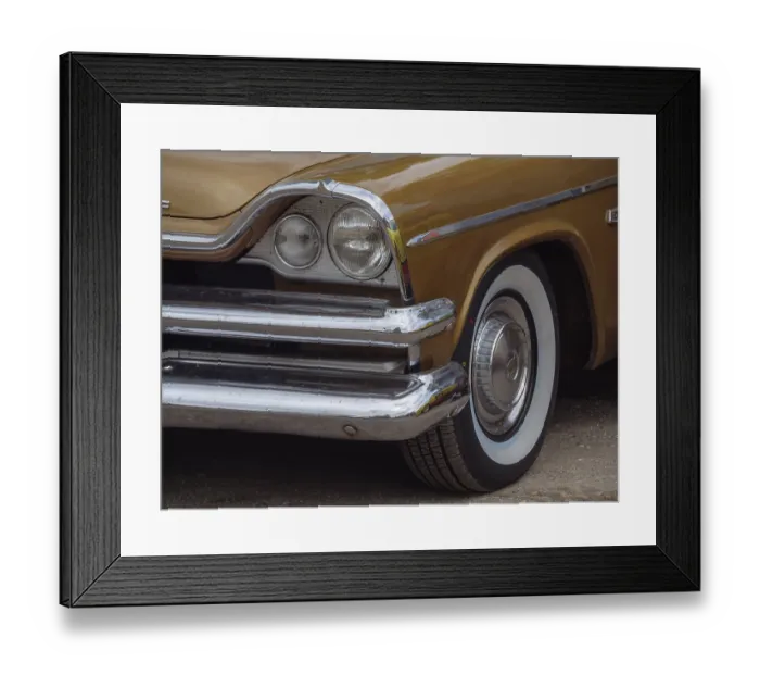 Framed Print : Gold-coloured vintage car with white tyres and eye-catching chrome parts Framed Print : Gold-coloured vintage car with white tyres and eye-catching chrome parts
