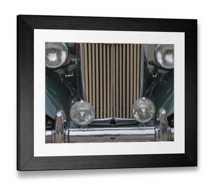 Framed Print : Green vintage car with striking vertical radiator grille and round headlights Framed Print : Green vintage car with striking vertical radiator grille and round headlights
