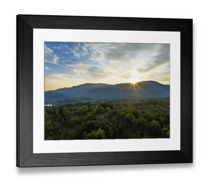 Framed Print : Sunset over Mountains and Coniston Water from drone