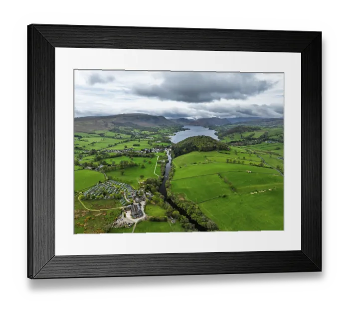 Framed Print : Farms and mountains over Ullswater Lake from drone