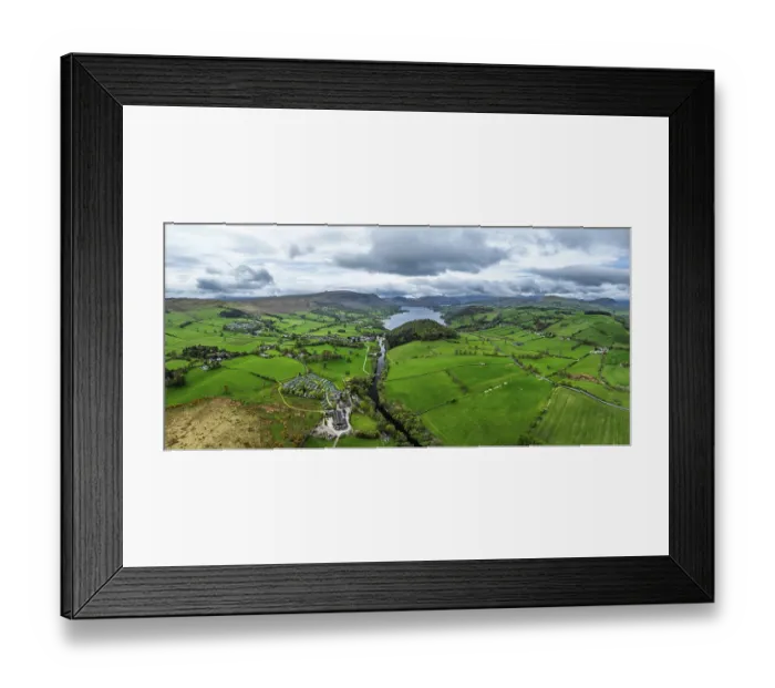 Framed Print : Panorama of Farms and mountains over Ullswater Lake from drone