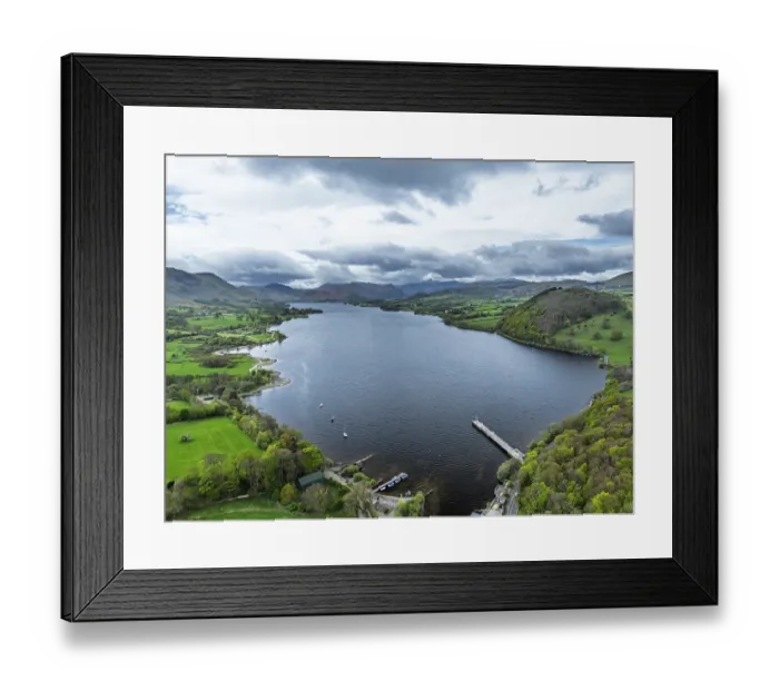 Framed Print : Farms and mountains over Ullswater Lake from drone