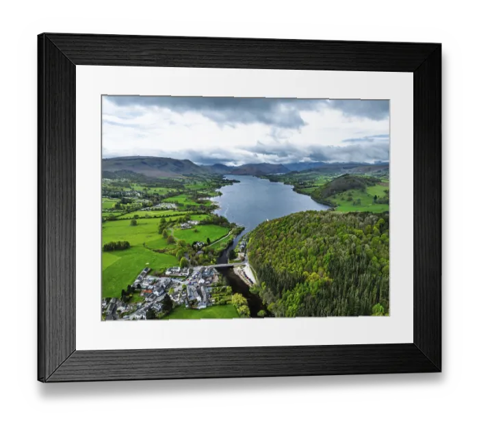 Framed Print : Farms and mountains over Ullswater Lake from drone Framed Print : Farms and mountains over Ullswater Lake from drone