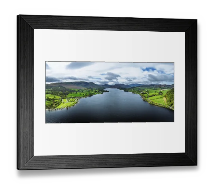 Framed Print : Panorama of Farms and mountains over Ullswater Lake from drone