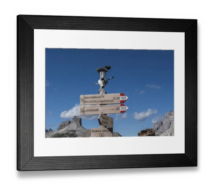 Framed Print : Signpost Drei Zinnen Hutte and Langealm with drones Signpost Drei Zinnen Htte and Langealm with drones