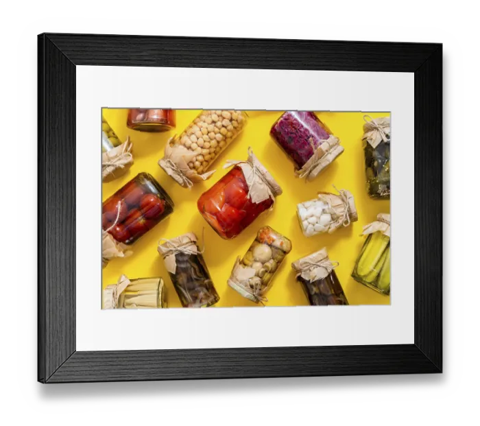 Framed Print : Various kinds preserves vegetables and mushroome in glass jars Framed Print : Various kinds preserves vegetables and mushroome in glass jars