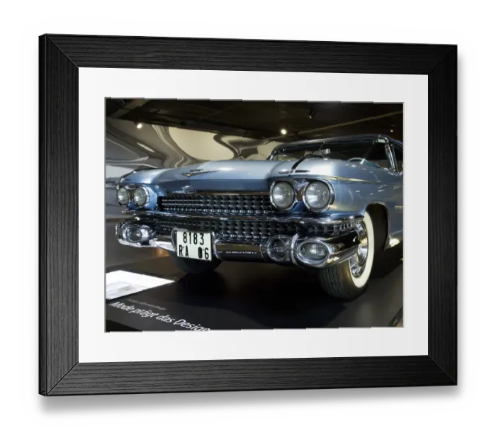 Framed Print : Blue classic car with eye-catching chrome design and characteristic headlights