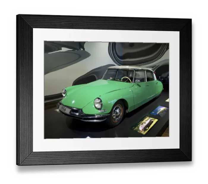 Framed Print : Green and white vintage car from 1956 in the museum