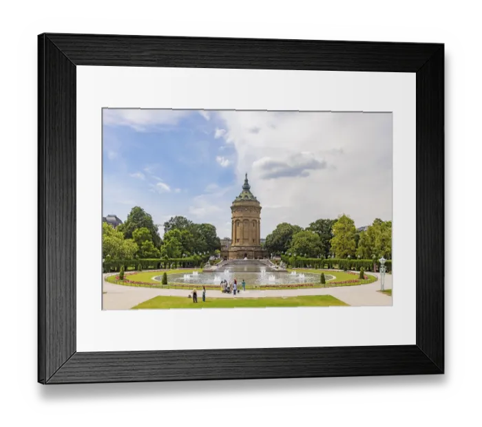 Framed Print : City view, historic water tower with fountain