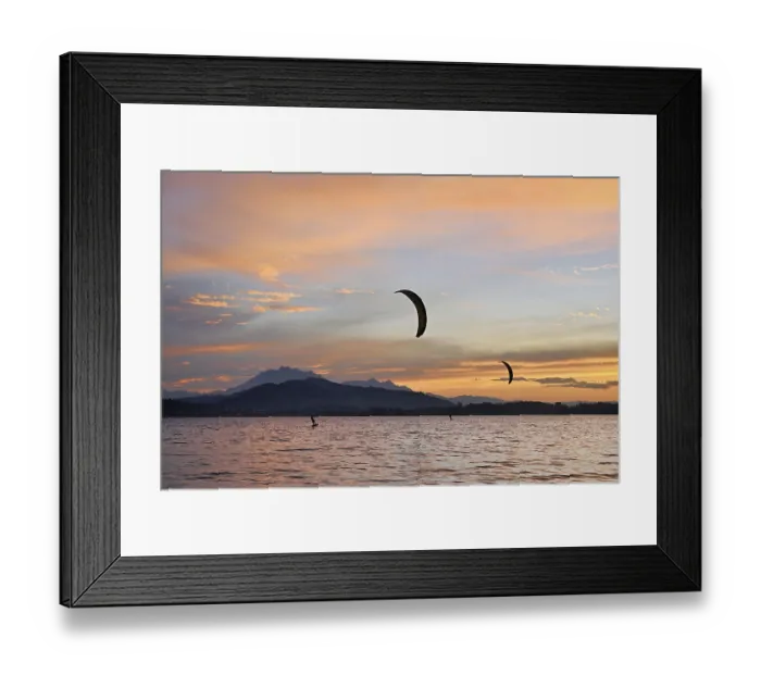 Framed Print : Two kitesurfers on Lake Zug at sunset