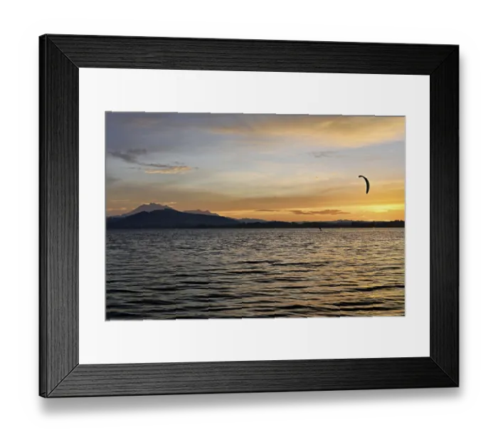 Framed Print : Kitesurfer on Lake Zug at sunset
