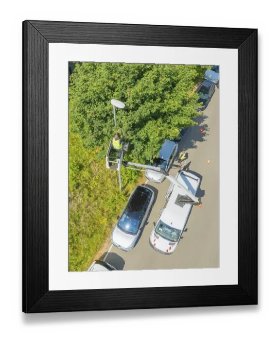 Framed Print : Worker in an aerial work platform cuts branches on a tree next to cars