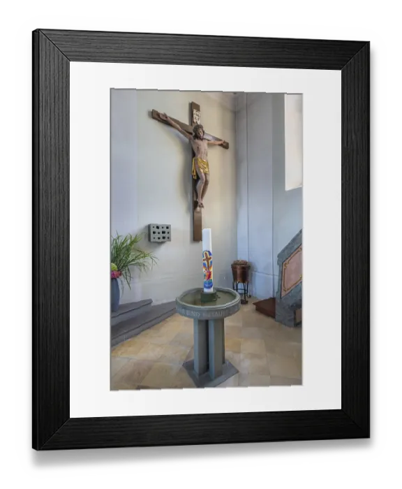 Framed Print : Crucifix and baptismal font
