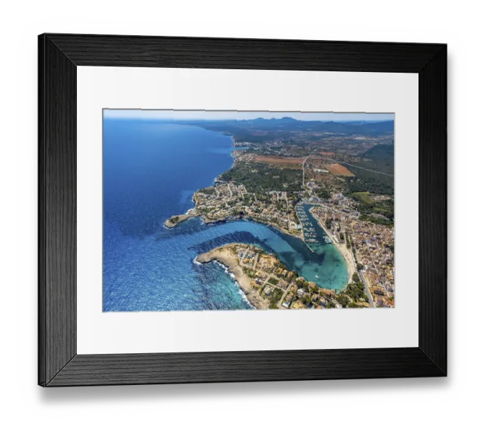Framed Print : Aerial view, beach and marina of Porto Cristo Framed Print : Aerial view, beach and marina of Porto Cristo