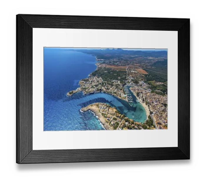 Framed Print : Aerial view, beach and marina of Porto Cristo Framed Print : Aerial view, beach and marina of Porto Cristo