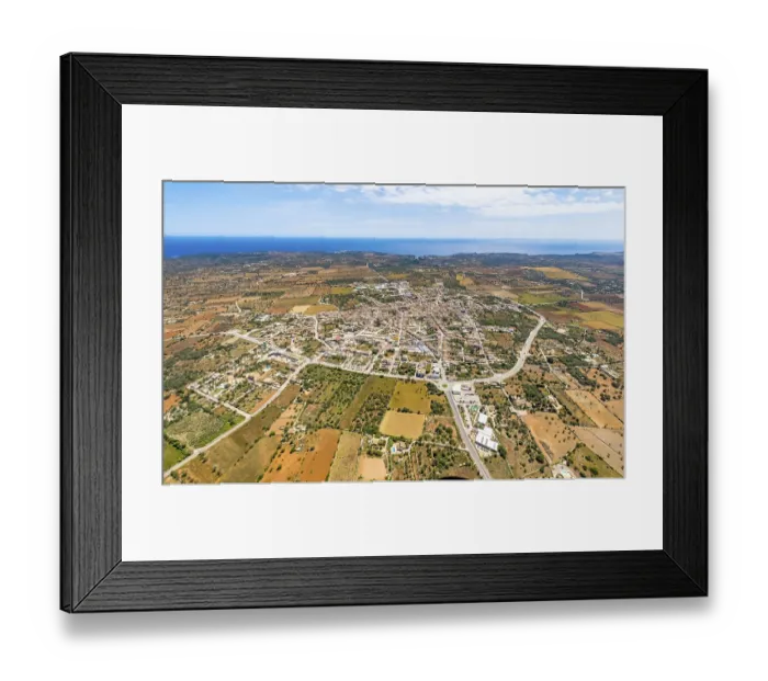 Framed Print : Aerial view, city ring and town view with church Sant Andreu in Santanyi