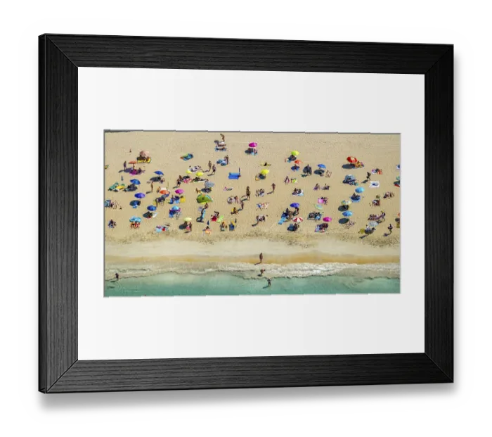Framed Print : Aerial view, beach life and sunbathing with parasols
